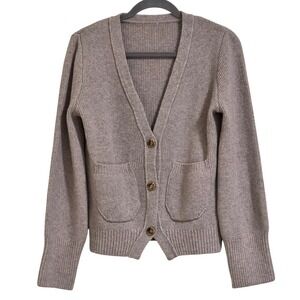Taupe Brown Cardigan Sweater Women Small Wool Ribbed Knit V-Neck Button Front